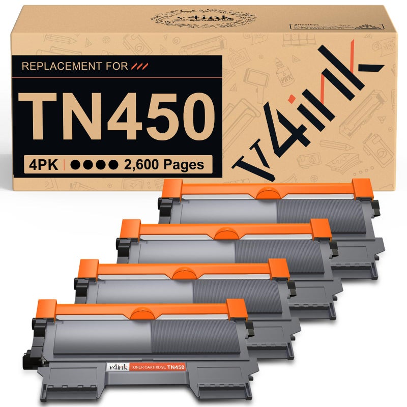 v4ink 4PK TN450 Toner Cartridge Compatible Replacement for Brother TN450 TN420 Toner Cartridge High Yield Black Ink for HL-2240d HL-2270dw HL-2280dw MFC-7360n MFC-7860dw IntelliFax 2840 2940 Printer - Image 1